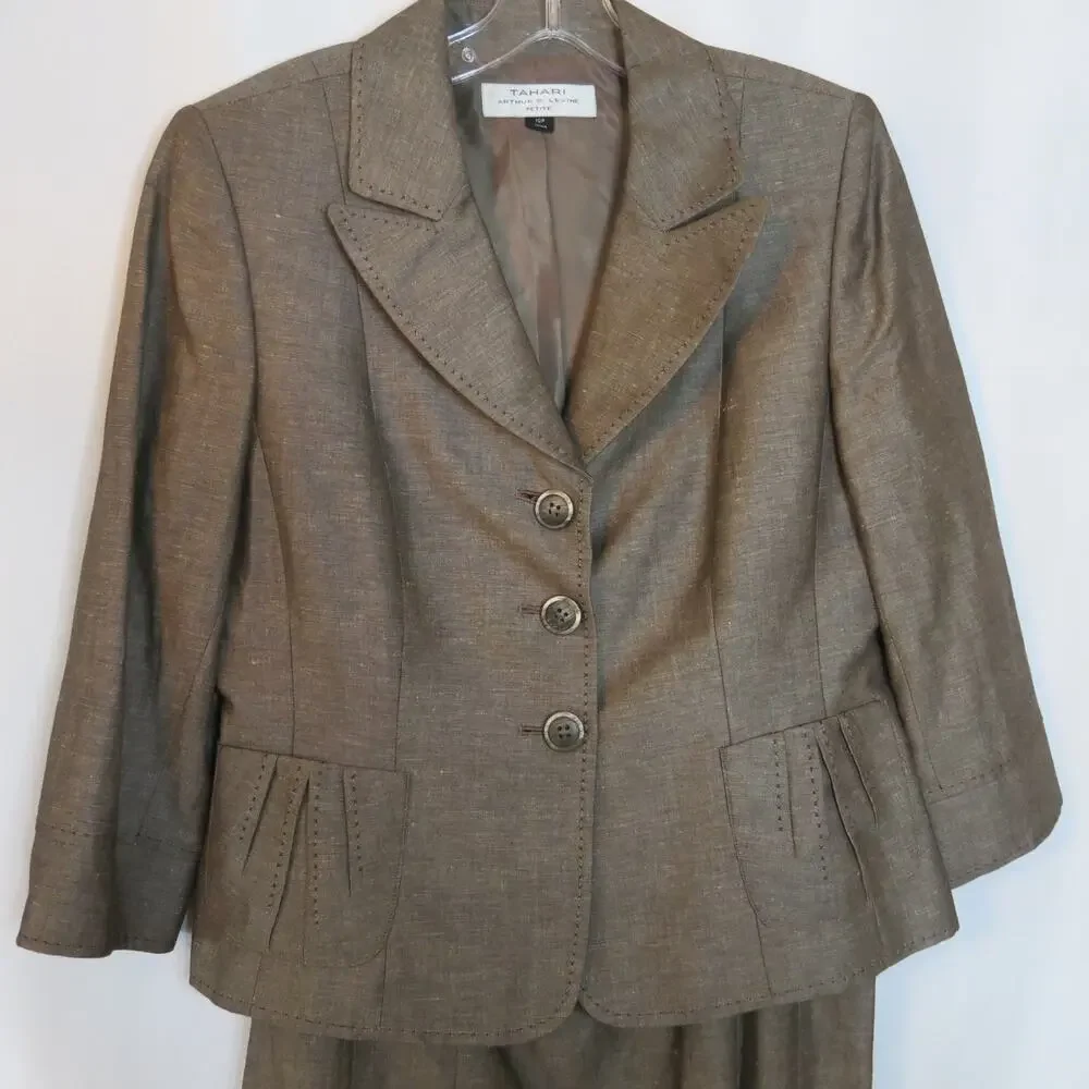 TAHARI Skirt Jacket Suit Set Size 10 Petite Light Brown Linen Blend Business
